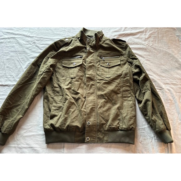 Other - Mens Olive Green Military Utility Jacket Cotton Canvas Full Zip Bomber Medium
